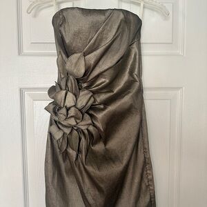 Jessica McClintock Strapless Metallic Taupe Cocktail Dress with Floral Detail
